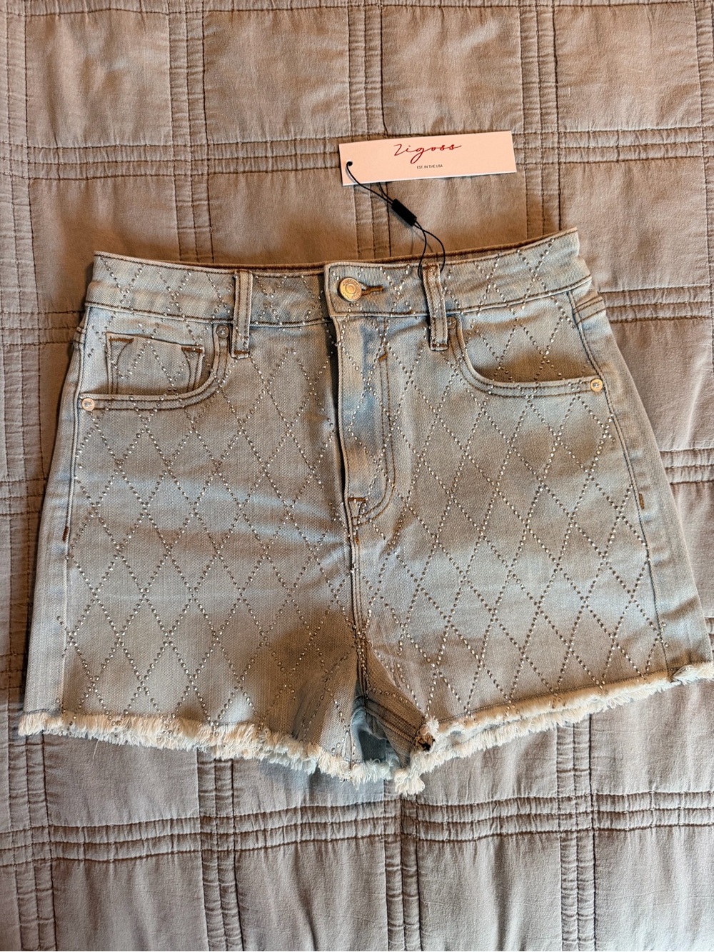 Vigoss Light Blue Rhinestone Diamond-Quilted Denim Shorts